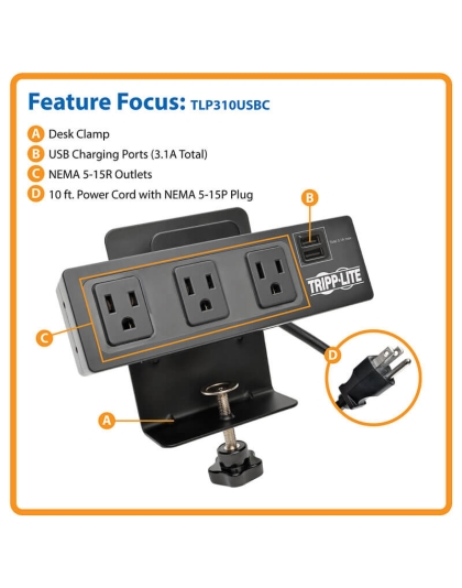 Protect It! 3-Outlet Surge Protector with Desk Clamp
