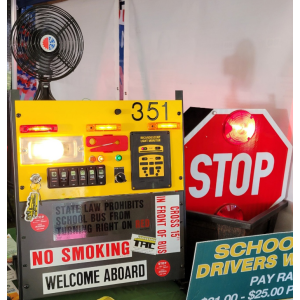 School Bus Simulator in use at a County Fair for driver recruitment
