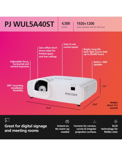 Ricoh PJ WUL5A40ST LCD Short Throw Projector